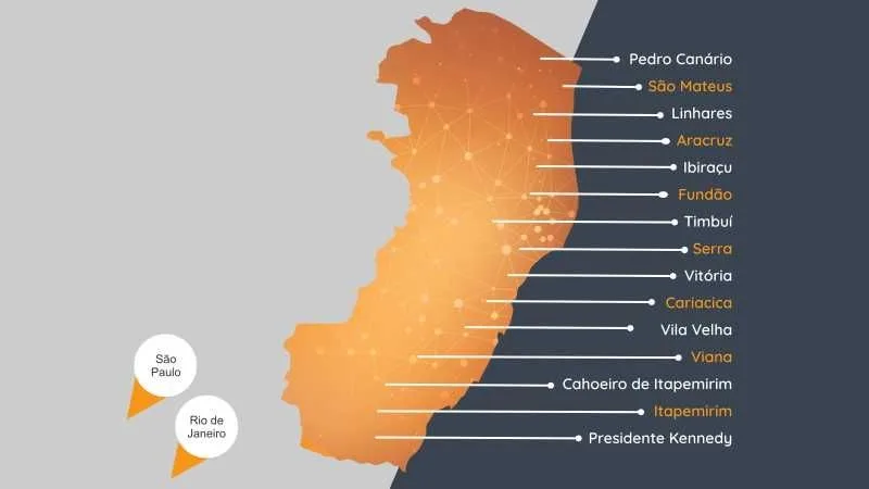 Mapa do Espírito Santo com as cidades atendidas pela VLA Telecom, de Pedro Canário a Presidente Kennedy